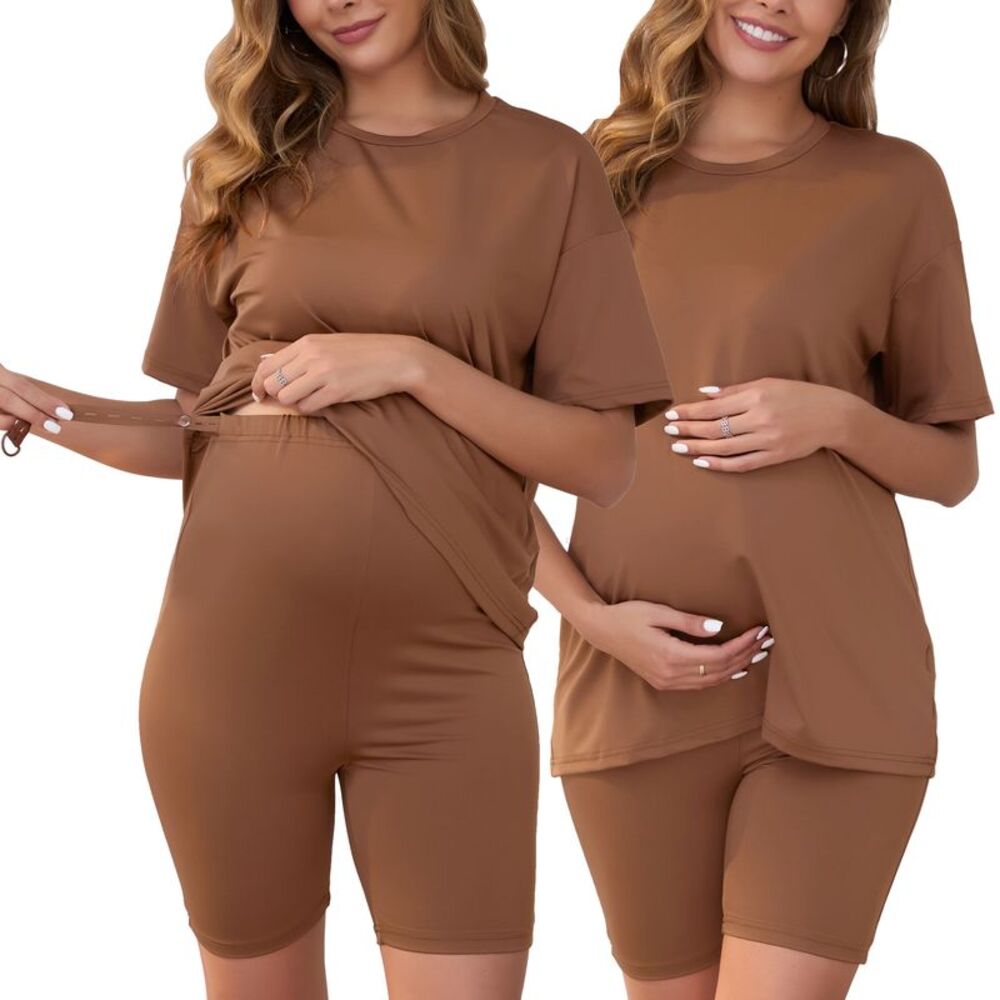Maternity 2 Piece Tie Dye Matching Pajama Biker Shorts Set Brown